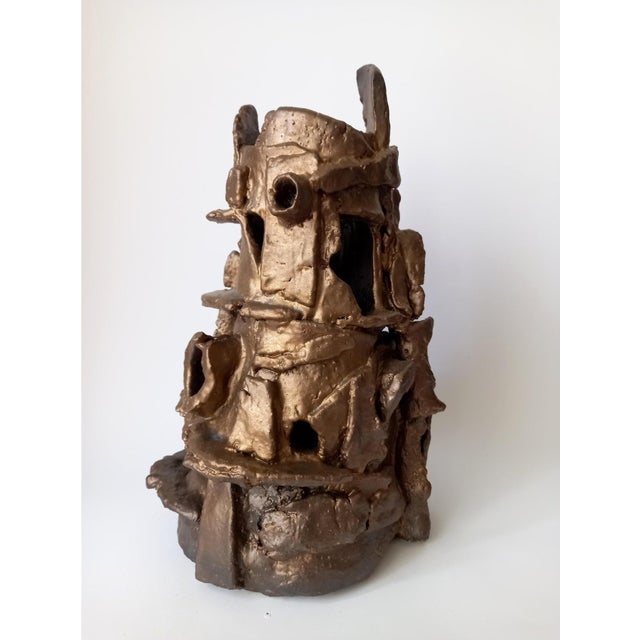 Brown 14" Architectural Brutalist Ceramic Sculpture Vase 'Babel' by Diane Grant For Sale - Image 8 of 9