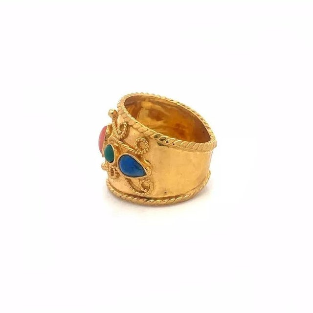 Contemporary 22k Gold Byzantine Ring With Gems Wide Band Ring Size 6 For Sale - Image 3 of 5