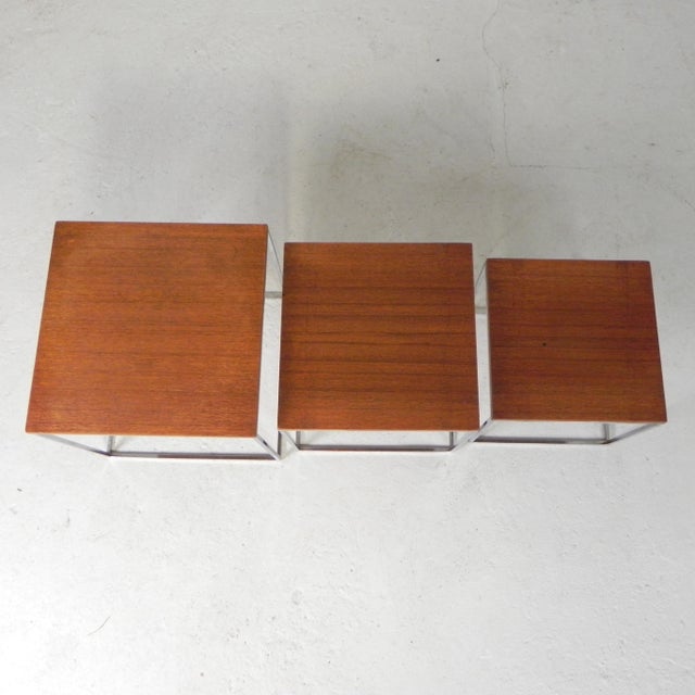 Vintage side table set consisting of three side tables. Practical and easy to stack. Dimensions (h x w x d): 37 x 36 x 36...