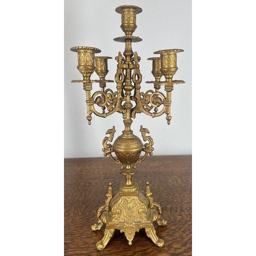 Vintage Rococo Style Ornate Brass Mantel Clock and Candelabras, Set of 3 For Sale - Image 12 of 18