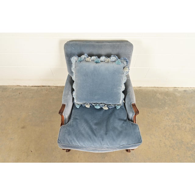 Baker Furniture Company Baker Furniture Style French Provincial Louis XV Carved Walnut Velvet Upholstered Lounge Chair and Ottoman | Circa 1960s For Sale - Image 4 of 16