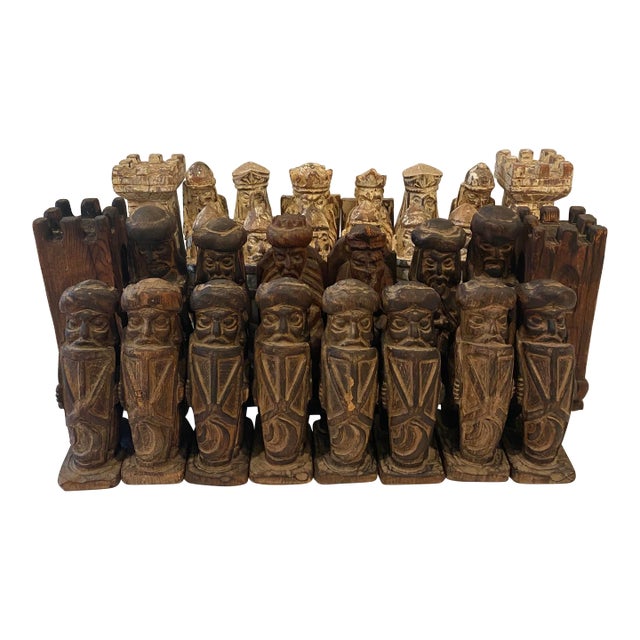 Large Antique Hand Carved Wood Chess Pieces For Sale