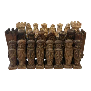 Large Antique Hand Carved Wood Chess Pieces