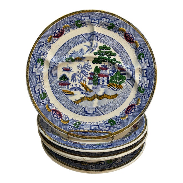 Antique Davenport Staffordshire Chinoiserie Plates — Polychrome Pagoda Pattern, Set of 5, England c.1830 For Sale