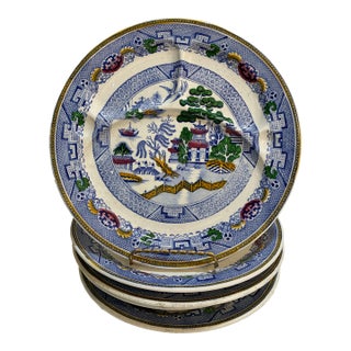 Antique English Staffordshire Plates - Davenport Blue Willow Pagoda Pattern - Set of 5 For Sale