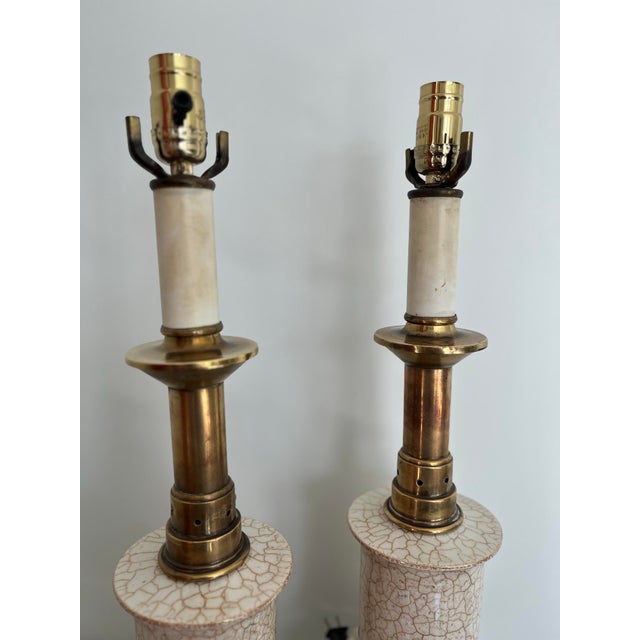 Stiffel Mid-Century Modern Crackle Glazed Brass Table Lamps - A Pair For Sale - Image 10 of 11