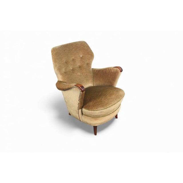 Origin: Denmark Designer: Unknown Manufacturer: Unknown Era: 1940s Materials: Beech, Velvet Measurements: 28" wide x 29"...