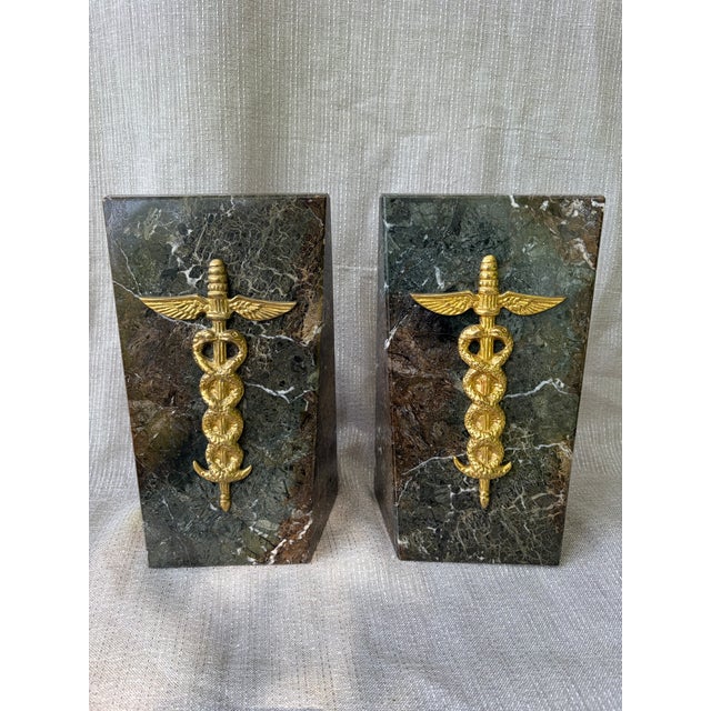 1980s Heavy Medical Caduceus Brown Gray Italian Marble Bookends a Pair For Sale - Image 12 of 15