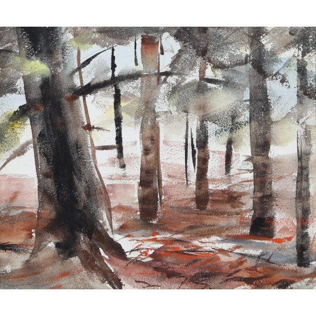 Peering past a large tree trunk, this landscape by Eve Nethercott focuses on the shaded forest floor between tall trees,...