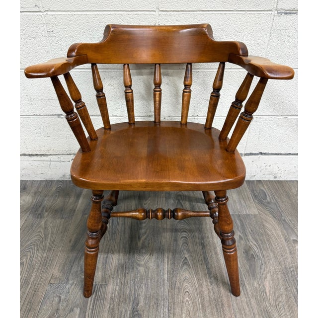 English VTG Sprague & Carleton Colonial Revival Solid Maple Barrel Back Captain Chairs For Sale - Image 3 of 15