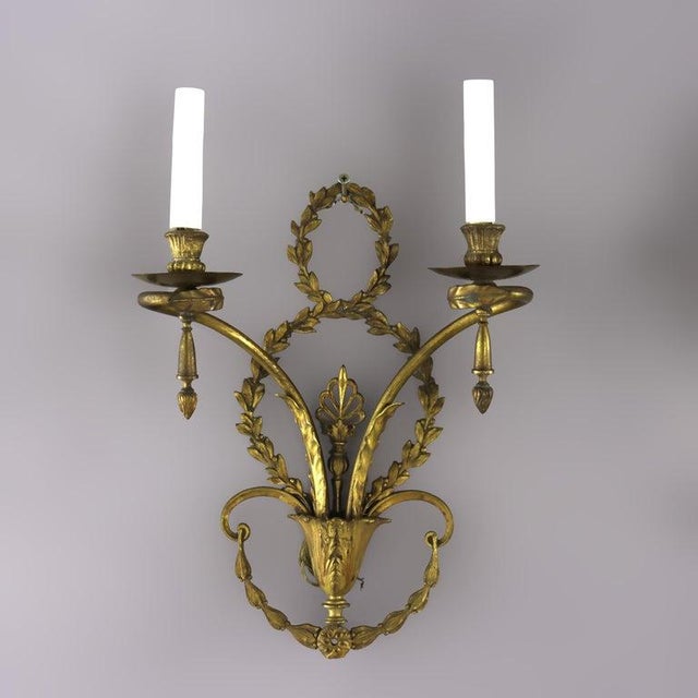 1900 - 1909 Pair of French Louis XV Laurel Wreath Bronze Double Candle Electric Wall Sconces C1900 For Sale - Image 5 of 12