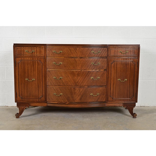 French Regency Louis XVI Carved Mahogany Bow Front Sideboard or Bar Cabinet, Circa 1940s For Sale - Image 14 of 14
