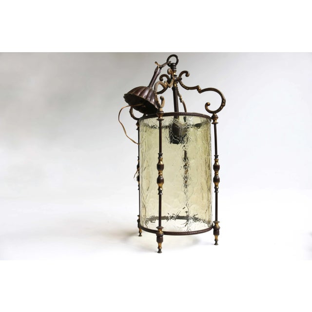Beige Vintage Brass and Textured Glass Pendant Lantern, France, 1950s For Sale - Image 8 of 13