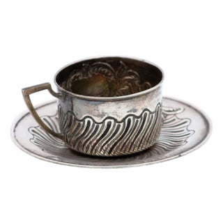 Silver Relief Cup and Saucer with Geometric Figures and Monogram Card, Set of 2 For Sale