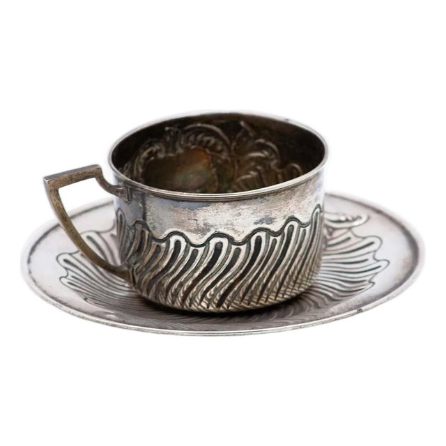 Silver Relief Cup and Saucer with Geometric Figures and Monogram Card, Set of 2 For Sale