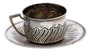 Silver Relief Cup and Saucer with Geometric Figures and Monogram Card, Set of 2