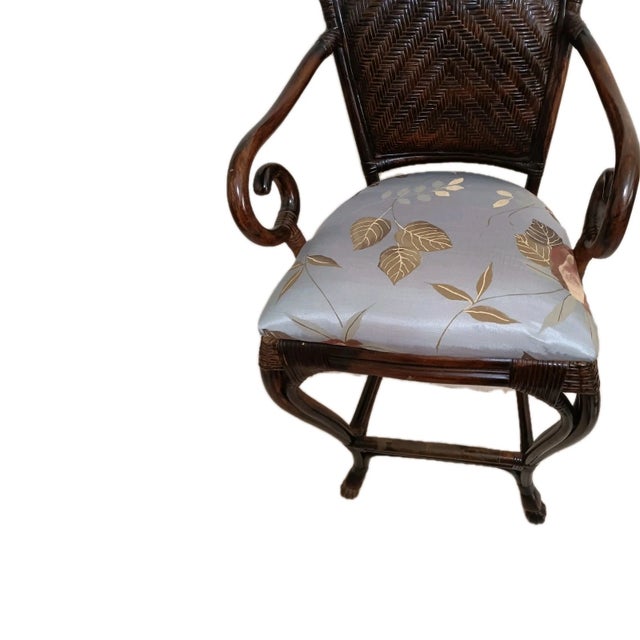 Late 20th Century Bamboo Arm Barstool Not Swivel Upholstered Seat Dark Tone Set of 2 For Sale In Naples, FL - Image 6 of 7