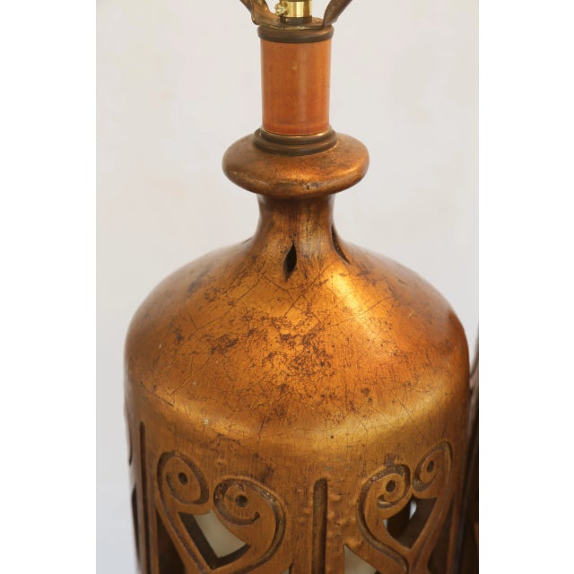 Gorgeous Golden Mid-Century Brutalist Cut-Out Ceramic Table Lamps - A Pair For Sale - Image 14 of 17