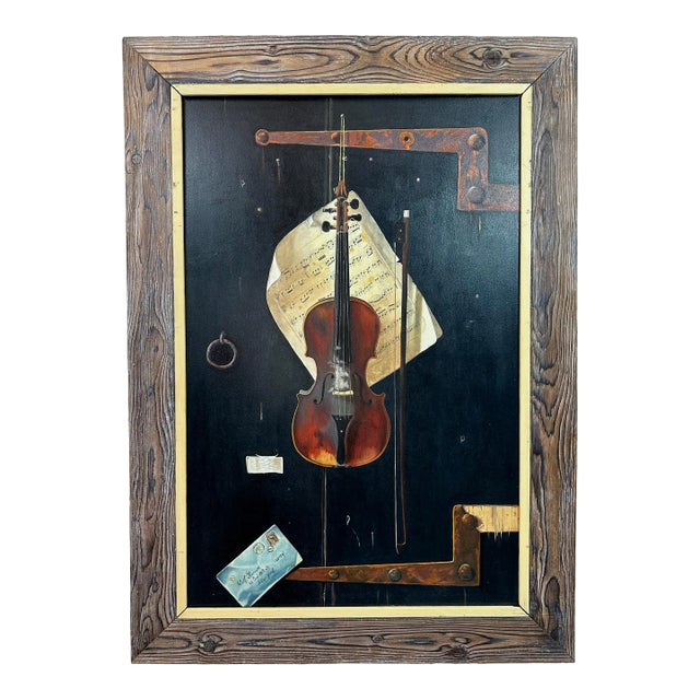 A Large Trompe l'Oeil Still Life With Violin, Oil on Board After William Harnett For Sale