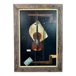 A Large Trompe l'Oeil Still Life With Violin, Oil on Board After William Harnett