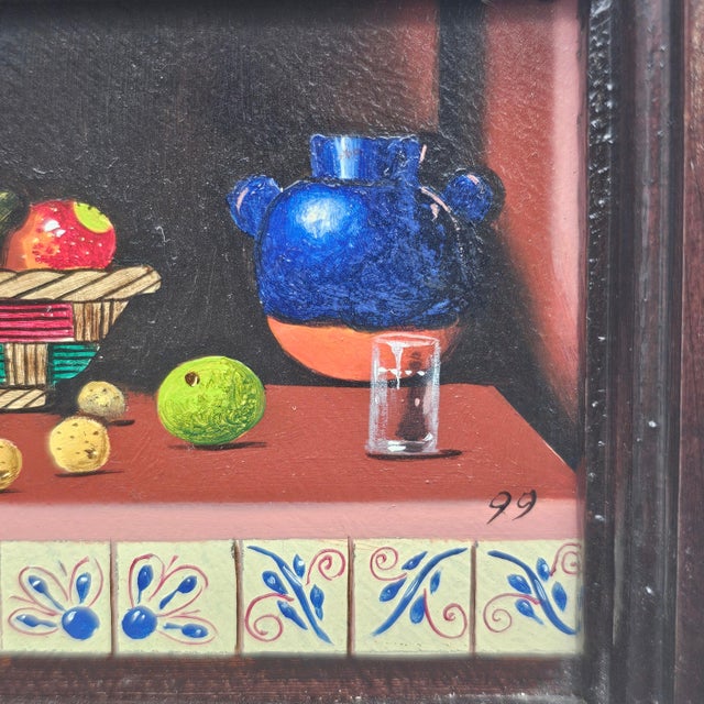 Miniature Mexican Still Life — Signed Lehm, Xochimilco, 1999 — Oil on Board in Rustic Frame For Sale In San Francisco - Image 6 of 8