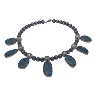Ithaca Peak Turquoise - 7 Stone Sterling Silver Handmade Necklace Authentic Native American For Sale