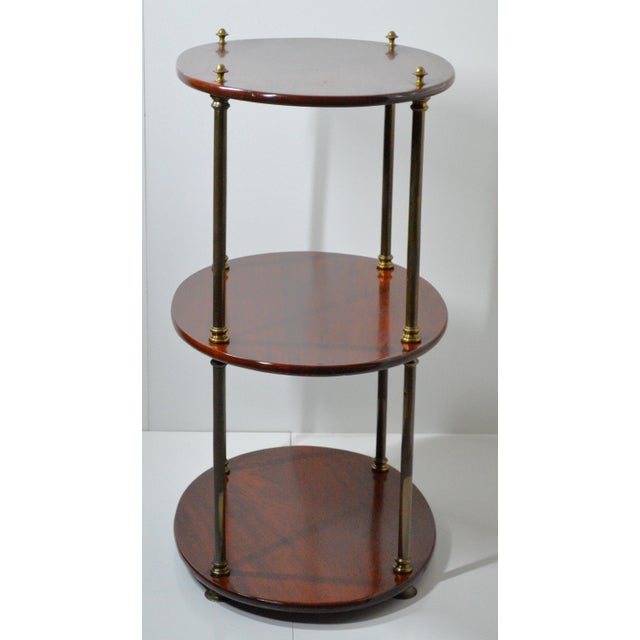 1930s Mahogany Brass Three Tier Oval English Campaign Style Etagere Shelf For Sale - Image 4 of 14