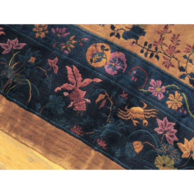1920s Splendid Tan-Camel Background With Purple Floral Design Antique Chinese Art Deco Rug For Sale - Image 5 of 6