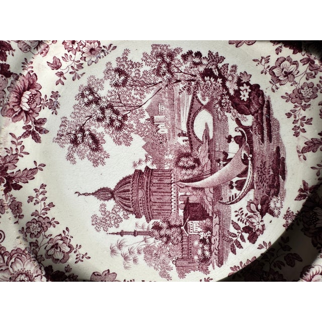 Gorgeous 1830's earthenware transferware dinner plate. Possibly Adams China. Staffordshire, England. Pink/red color....