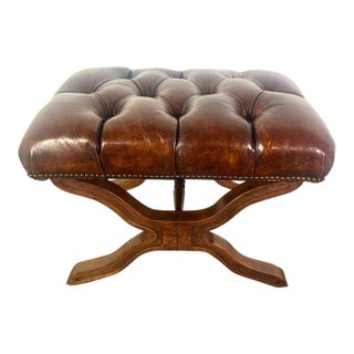 English Leather Tufted Bench C. 1940 For Sale