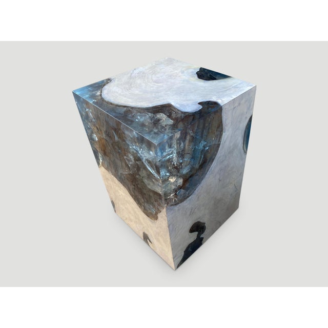 Andrianna Shamaris Aqua Resin and Teak Wood Side Table For Sale - Image 9 of 18
