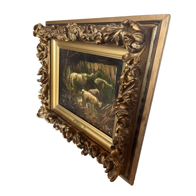 Wood Antique Barnyard Oil on Canvas Painting With Sheep in Giltwood Frame For Sale - Image 7 of 8