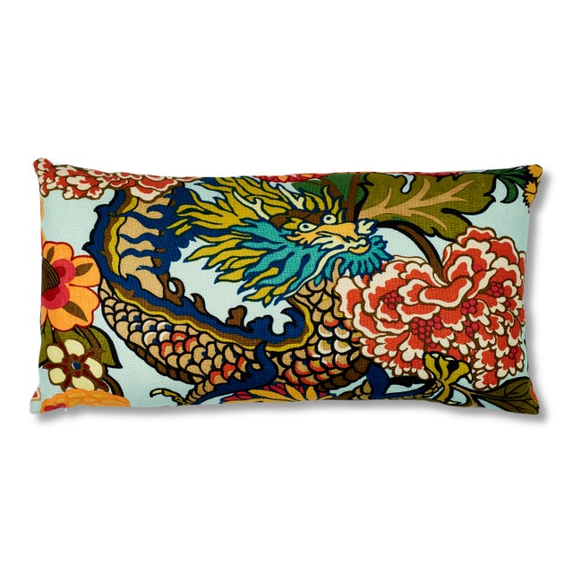 Schumacher Chiang Mai Dragon Lumbar Pillow in Aquamarine For Sale - Image 9 of 9