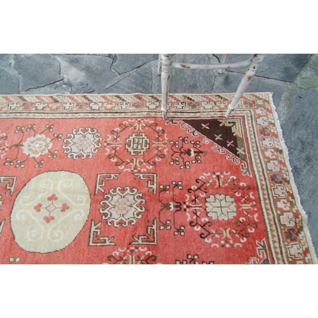 Tribal 1930s Vintage Khotan Tribal Distressed Handwoven Salmon Wool Hand-Knotted Rug - 4'5" X 7'7" For Sale - Image 3 of 8