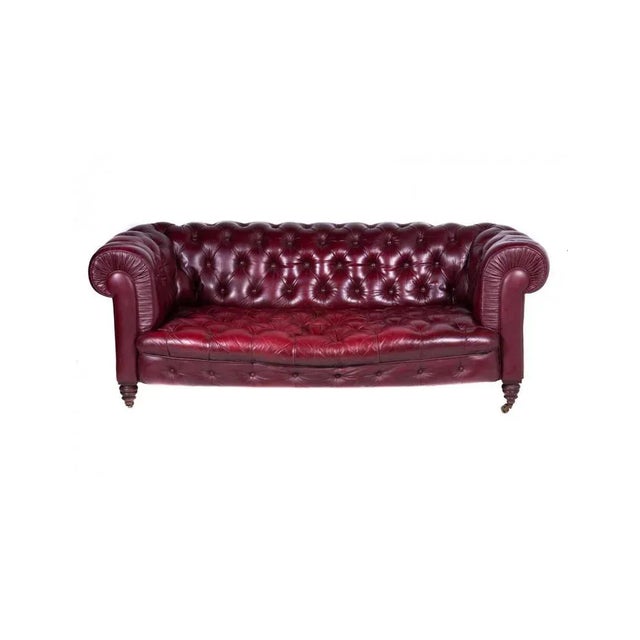 Metal Chesterfield Victorian Burgundy Leather Sofa For Sale - Image 7 of 12