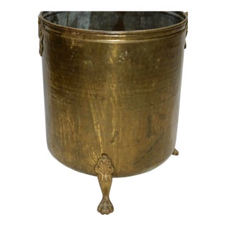 Vintage Large Footed Hand Hammered Brass Pot Planter With Scalloped Handles For Sale