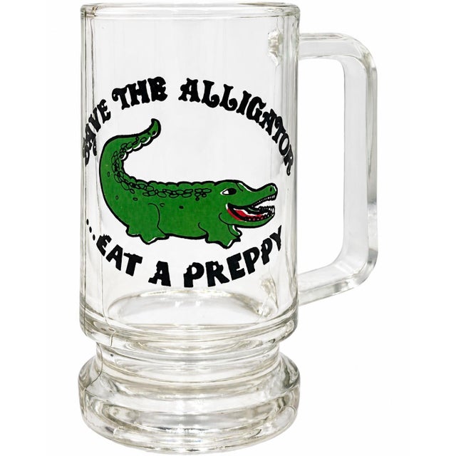 Late 20th Century Vintage "Save the Alligator Eat a Preppy" Glass Stein For Sale - Image 5 of 9