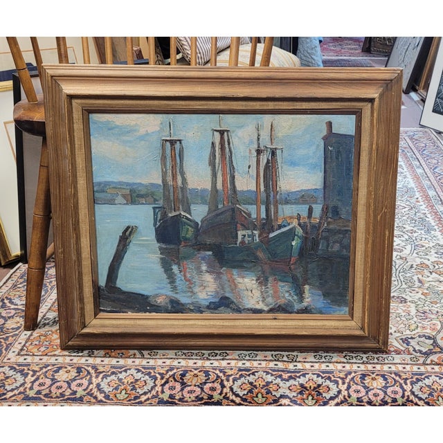 American Vintage Oil Painting of Boats in a Harbor For Sale - Image 3 of 8