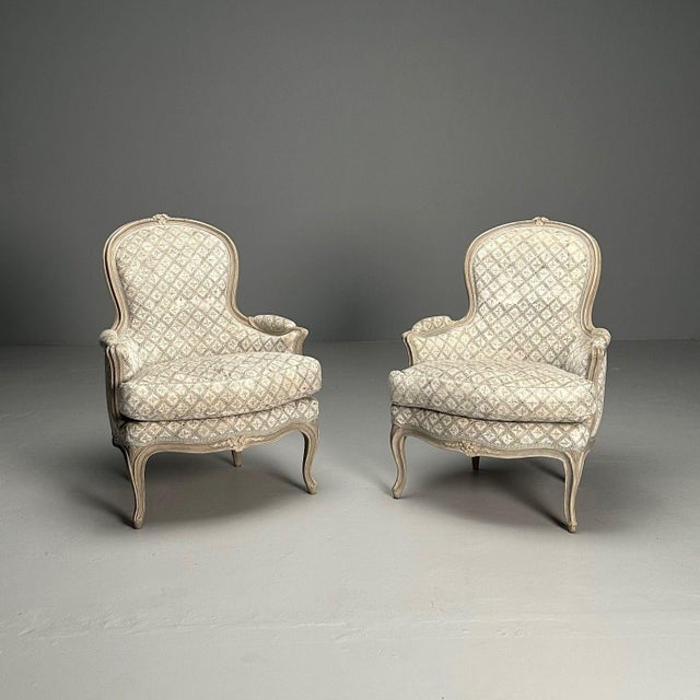 Louis XV Style, Bergère Chairs, Grey Painted Wood, Fabric, France, 1890 For Sale In New York - Image 6 of 18