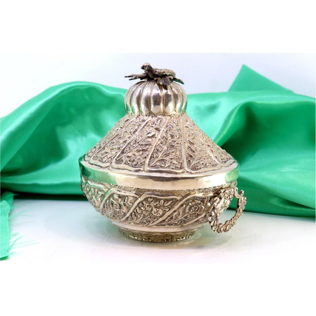 Silver Bonbon Box with Embossed Floral Motifs and Dove-Shaped Knob on the Hinged Lid and Two Handles For Sale - Image 3 of 8