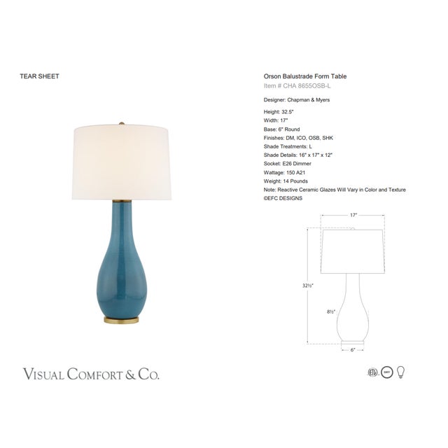 Chapman & Myers by Visual Comfort Signature Orson Balustrade Form Table in Oslo Blue with Linen Shade Designer: Chapman &...