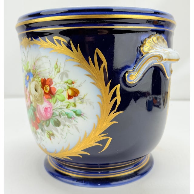 French 19th Century, Sevres Cobalt Porcelain & Hand Painted Jardiniere or Cache Pot For Sale - Image 3 of 12