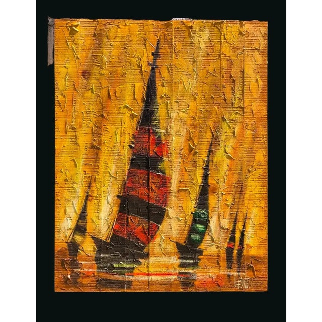 Cool mid-century impasto painting of Regattas done on slat board and batten. Heavy textured with popular mid century tones...