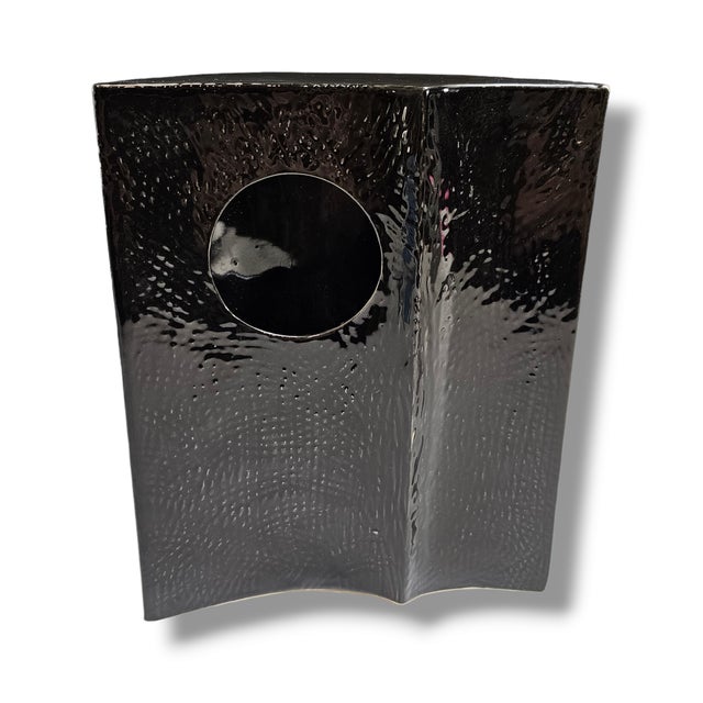 1970s–1980s Japanese Black Ceramic Modernist Ikebana Vase With Circular Aperture For Sale - Image 9 of 10