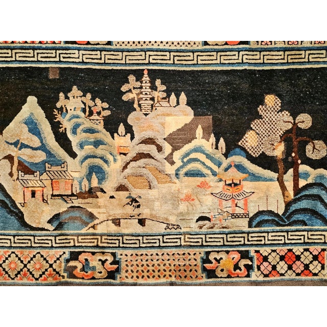 Late 19th Century Antique Ningxia Pictorial Rug, Wool Pile, Scenic Landscape, Western China, 1890s For Sale - Image 5 of 12