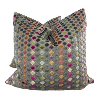 Diamond Cut Velvet on Woven in Multi 22" Pillows-A Pair For Sale