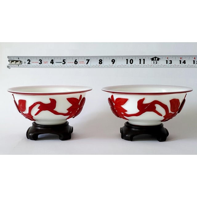 Chinese Pair of Antique Chinese Peking Glass Bowls With Carved Red Glass Overlay in the Style of Kangxi or Qing Dynasty. For Sale - Image 3 of 11