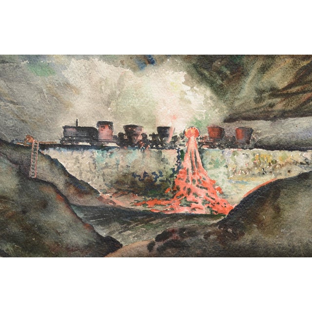 Detailed industrial landscape of an open-pit mine by Joseph Yeager (early-mid 20th Century) on heavy bond watercolor paper...