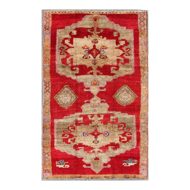 Mid 20th Century Bright Red and Taupe Vintage Turkish Oushak Rug With Dual Medallion Design For Sale