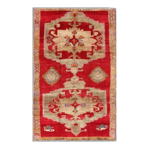 Mid 20th Century Bright Red and Taupe Vintage Turkish Oushak Rug With Dual Medallion Design